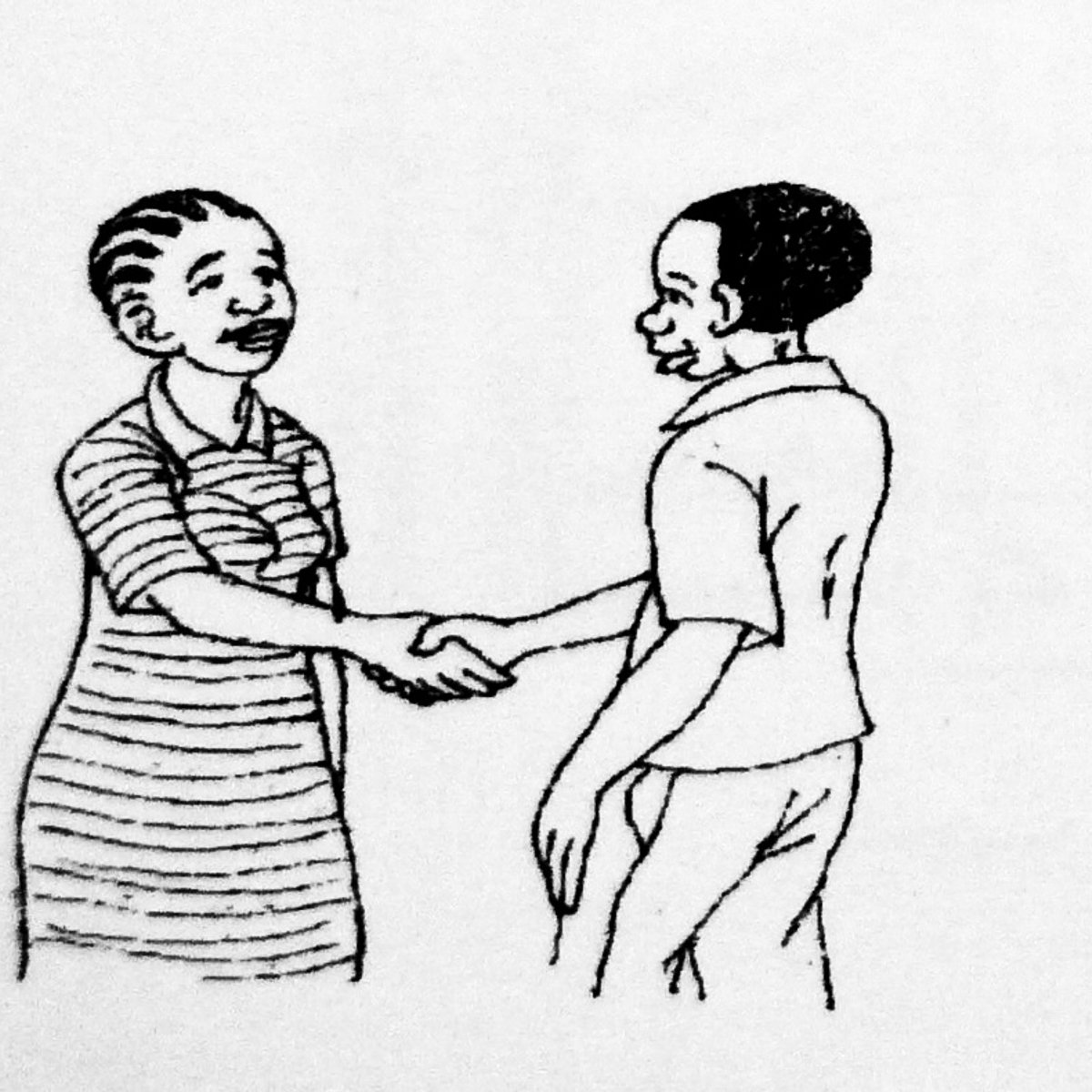 Eine Schwarzweiß-Zeichnung von einem Mann und einer Frau, die sich einander die Hand geben.