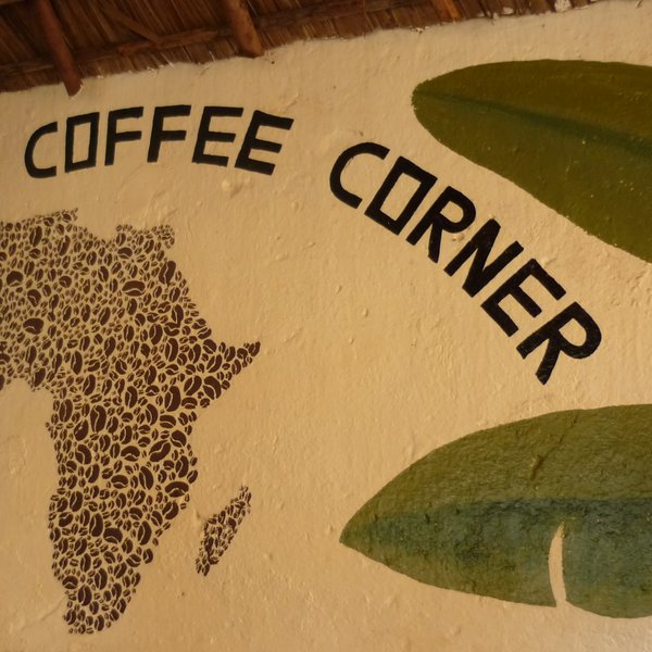 Das Bild zeigt eine Wandbemalung, die eine aus Kaffeebohnen bestehende Zeichnung von Afrika enthält. Rechts ragen zwei gemalte Palmenblätter herein, links Zweige eines Hibiskusstrauchs