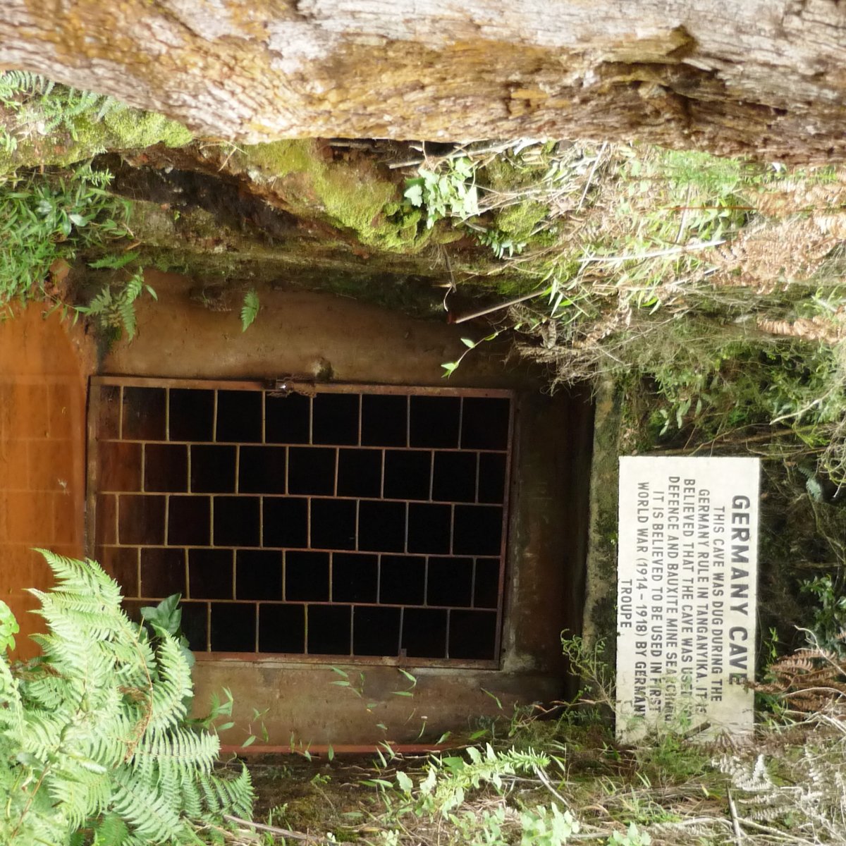 Das Foto zeigt den Eingang zu einer vergitterten Höhle mit einem Schild, auf dem steht "Germany Cave. This cave was dug during the Germany rule in Tanganyika. it is believed that the cave was used in defence and bauxite mine searching. it is believed to be used in first world war 1914-1918 by German troupe"